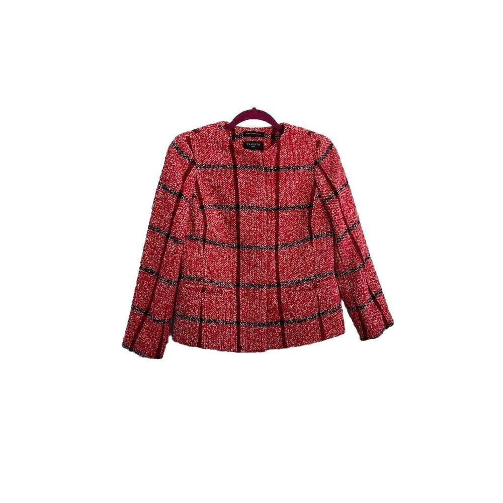 Talbots Window Panes Plaid Red Jacket Tweed Wool Blend Snap Buttons Size 6P